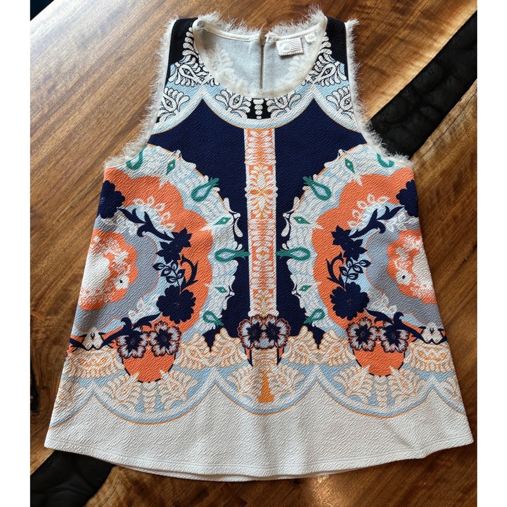 Anthropologie Postmark Sleeveless Top Small Multicolor Scarf Print Boho Fringe